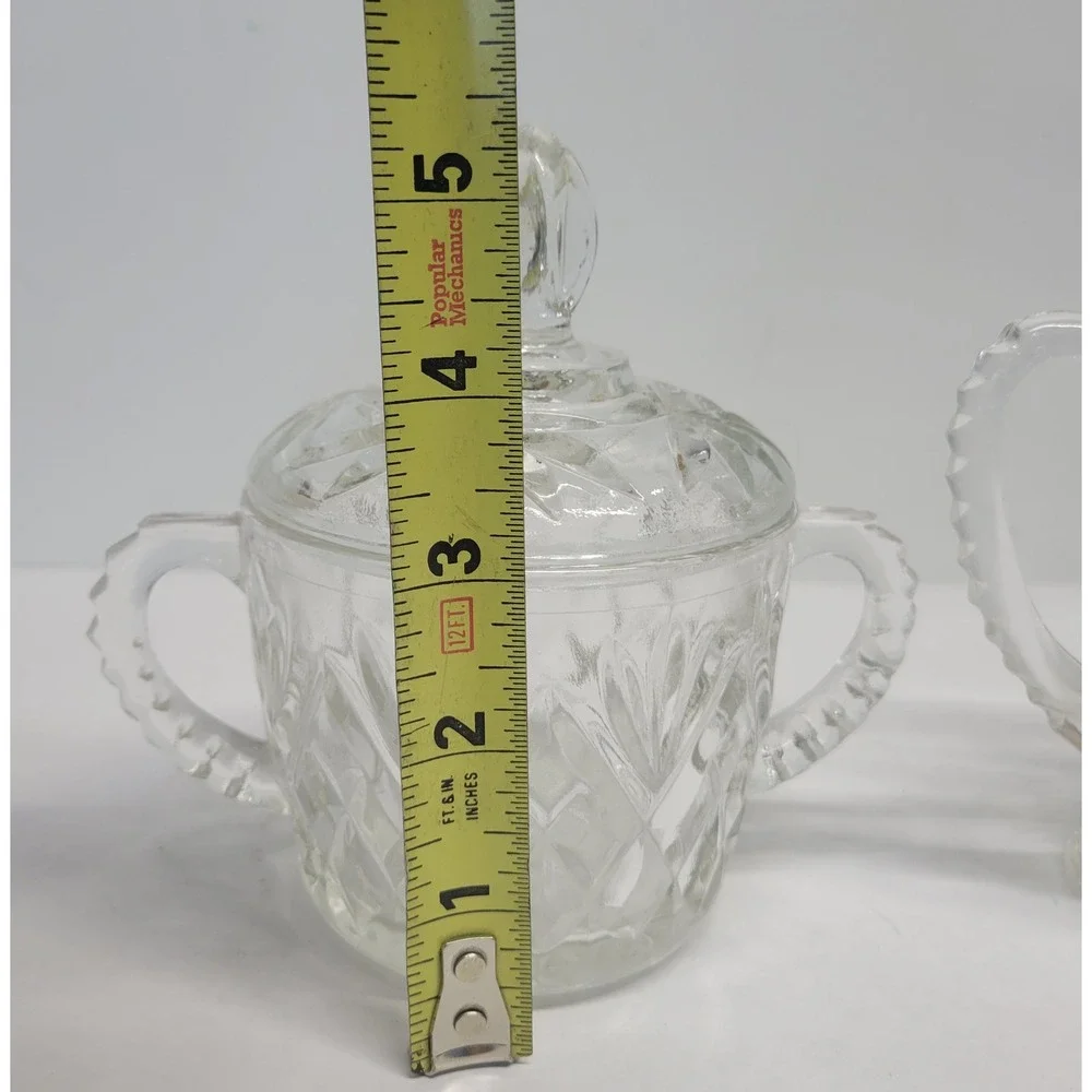 Vintage Clear Pressed Glass Creamer and‎ Lidded Sugar Bowl Set Sunburst Diamond